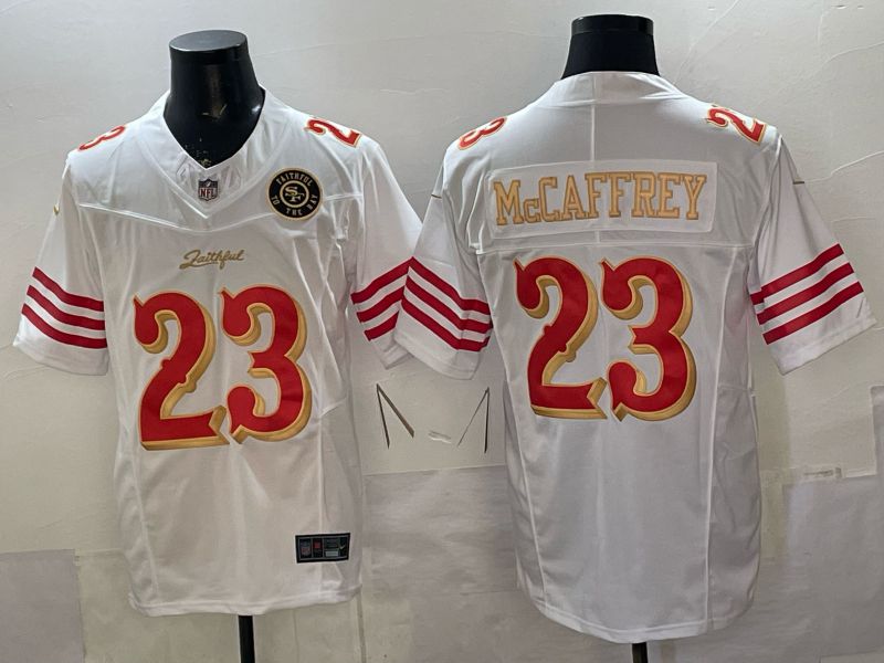 Men 2026 San Francisco 49ers #23 Mccaffrey White Gold 5th generations Nike Limited NFL Jersey style 002